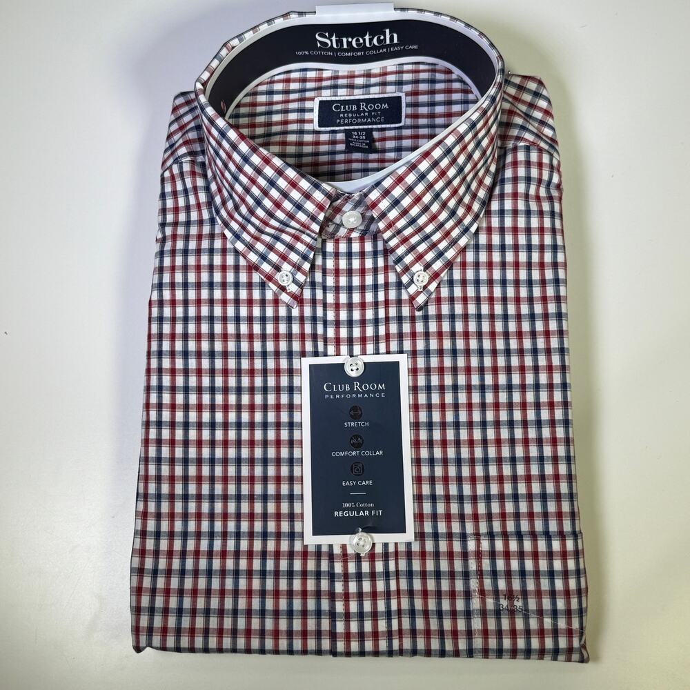 Club Room Men's Regular-Fit Randall Plaid Dress Shirt Navy Biking 16.5 34-35 $60